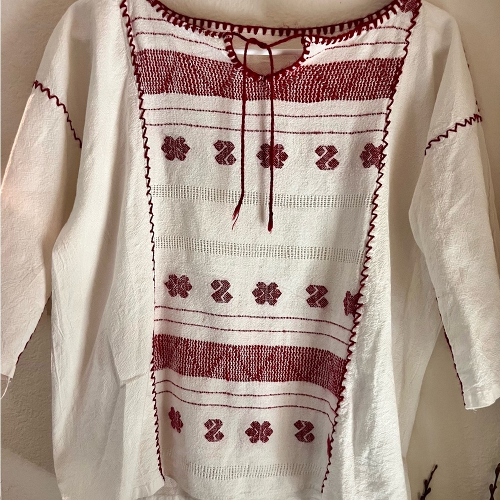 Vintage Mexican Manta Blouse - Hand Stitched Maroon Embroidery - 100% Cotton